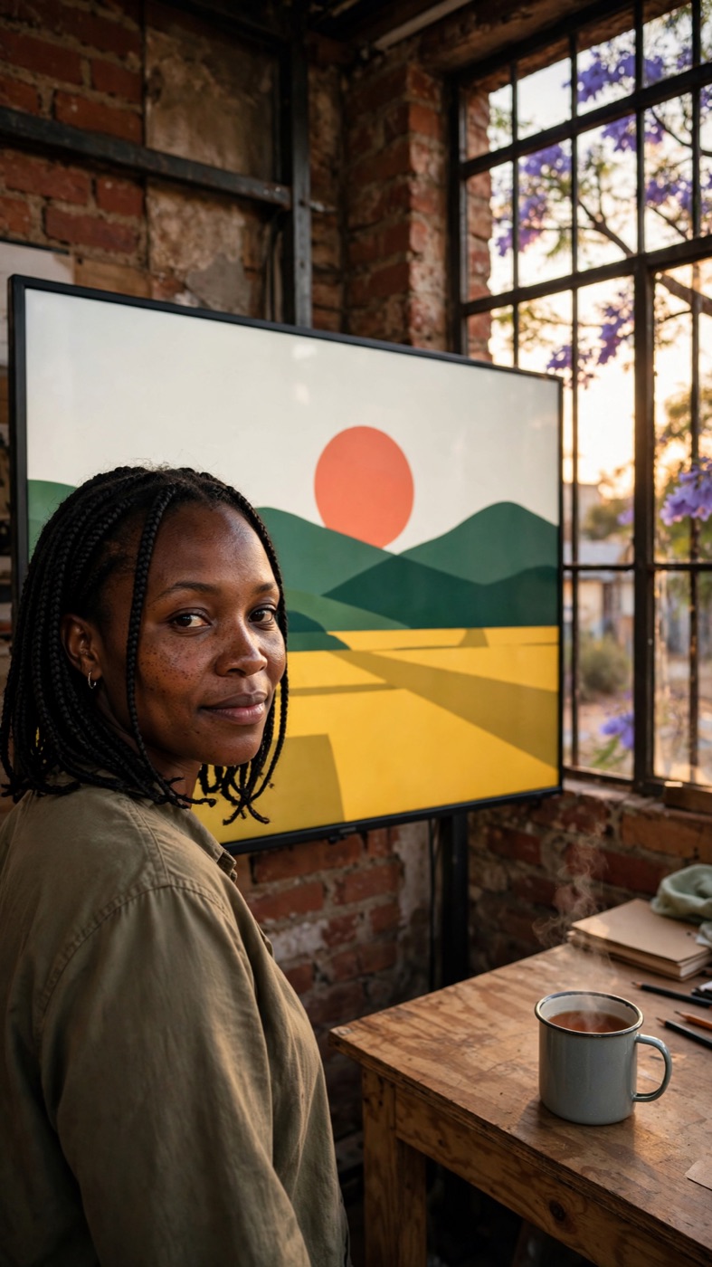 A woman beside her work, live on a big screen in her studio