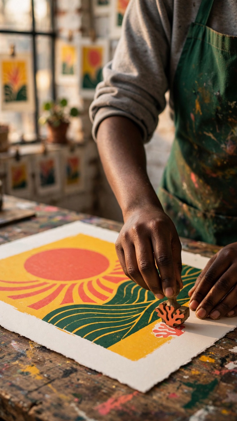 A woman stamping her own mark onto a finished print in her studio