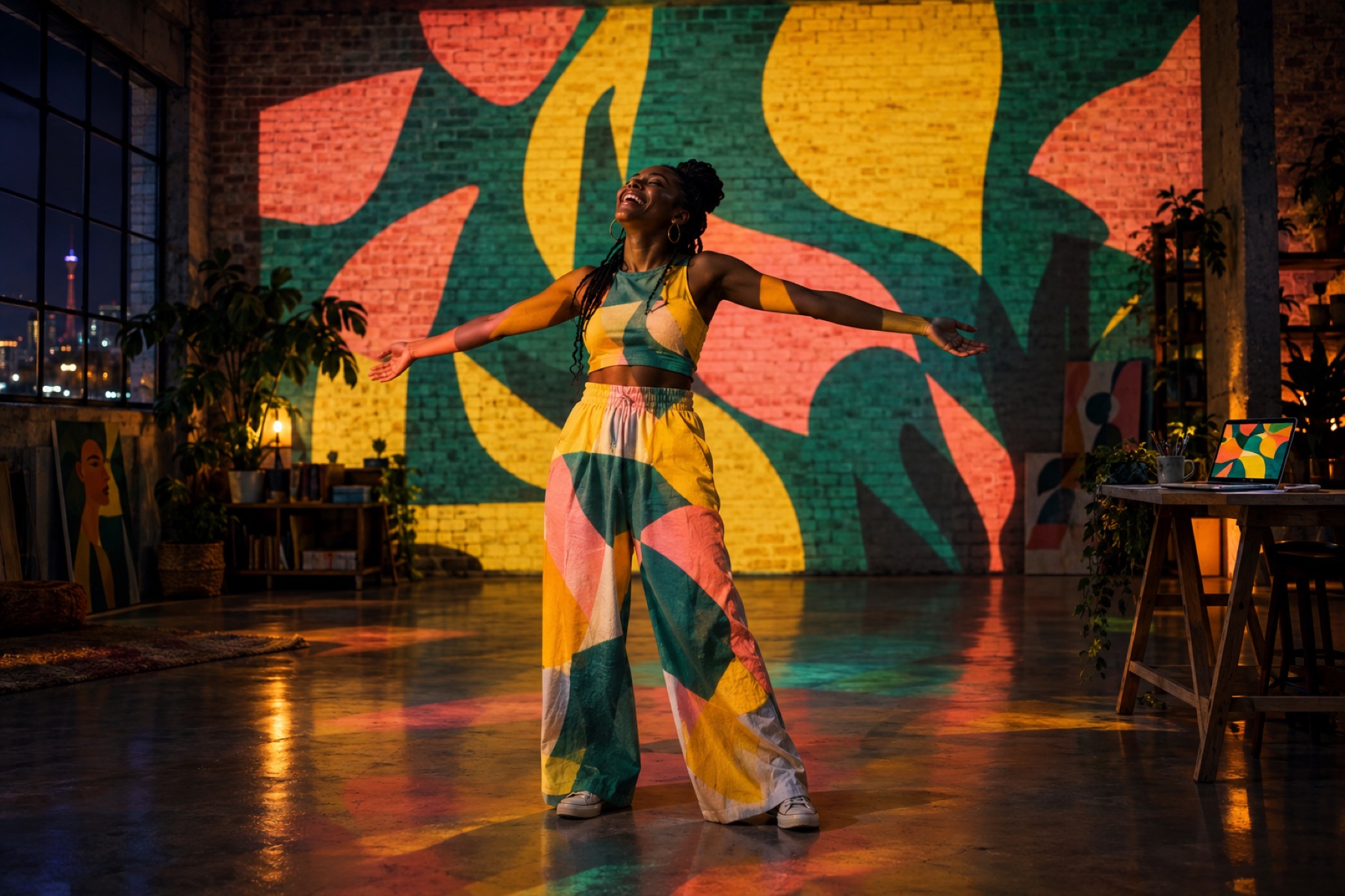 A woman laughing with her arms wide as her artwork is projected across her studio wall